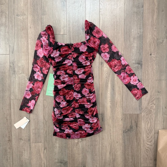 Pink and Red Floral Long Sleeve Mini Dress - Picture 9 of 13